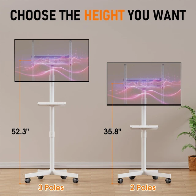 Alt view image 3 of 7 - Rolling TV Stand for 23-60 Inch LCD LED Flat/Curved TVs/Screens 2 Height Adjustable Mobile TV Floor Stand with Shelf / Wheels up to 88Lbs, Portable TV Cart for Bedroom, Living Room, Outdoor