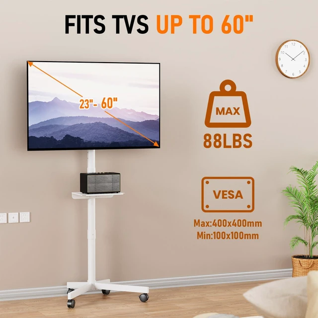Alt view image 7 of 7 - Rolling TV Stand for 23-60 Inch LCD LED Flat/Curved TVs/Screens 2 Height Adjustable Mobile TV Floor Stand with Shelf / Wheels up to 88Lbs, Portable TV Cart for Bedroom, Living Room, Outdoor