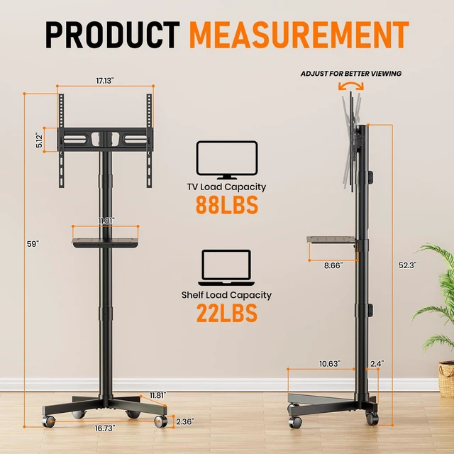 Alt view image 2 of 7 - Rolling TV Stand for 23-60 Inch LCD LED Flat/Curved TVs/Screens 2 Height Adjustable Mobile TV Floor Stand with Shelf / Wheels up to 88Lbs, Portable TV Cart for Bedroom, Living Room, Outdoor