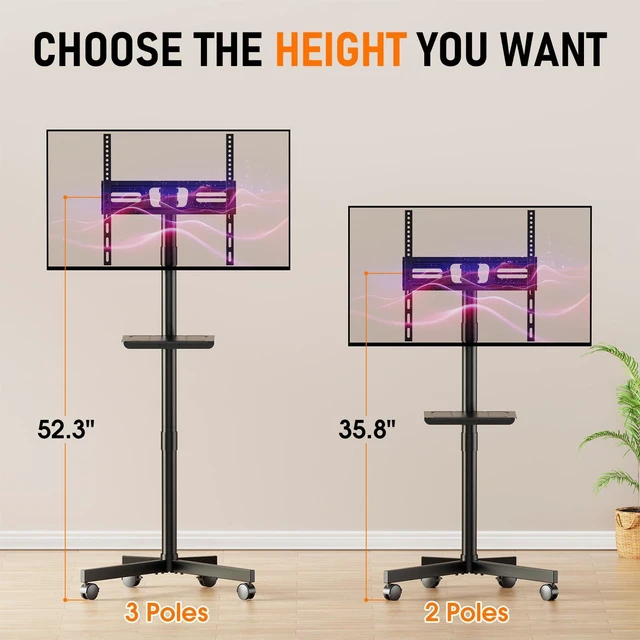 Alt view image 3 of 7 - Rolling TV Stand for 23-60 Inch LCD LED Flat/Curved TVs/Screens 2 Height Adjustable Mobile TV Floor Stand with Shelf / Wheels up to 88Lbs, Portable TV Cart for Bedroom, Living Room, Outdoor