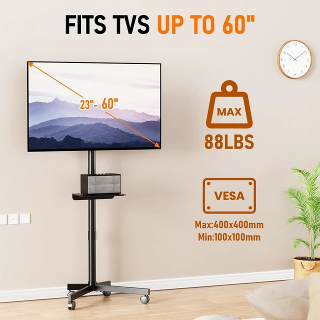 Alt view image 7 of 7 - Rolling TV Stand for 23-60 Inch LCD LED Flat/Curved TVs/Screens 2 Height Adjustable Mobile TV Floor Stand with Shelf / Wheels up to 88Lbs, Portable TV Cart for Bedroom, Living Room, Outdoor