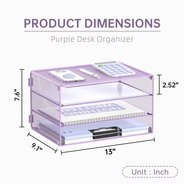 Alt view image 7 of 7 - 3 Tier Letter Tray Paper Organizer with Sliding Mesh Trays Purple Metal Mesh File Organizer with Sliding Trays for Letter and A4 Paper, Mail, Bills, Folders and Office Documents