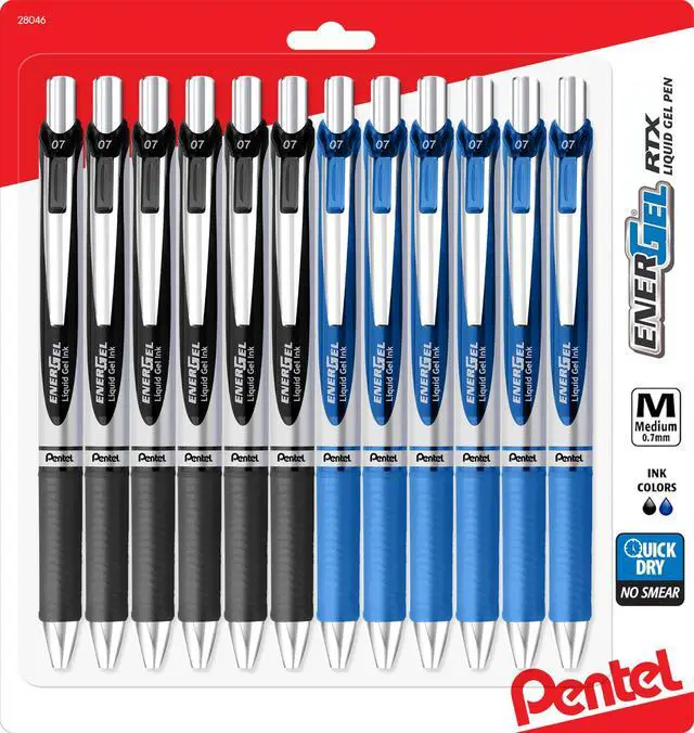 Main image of Energel 0.7 mm Rtx Retractable, 6 Black & 6 Blue Ink Pens Metal Tip, Medium Point Energel Liquid Gel Ink Pens 0.7 mm. Pack of 12