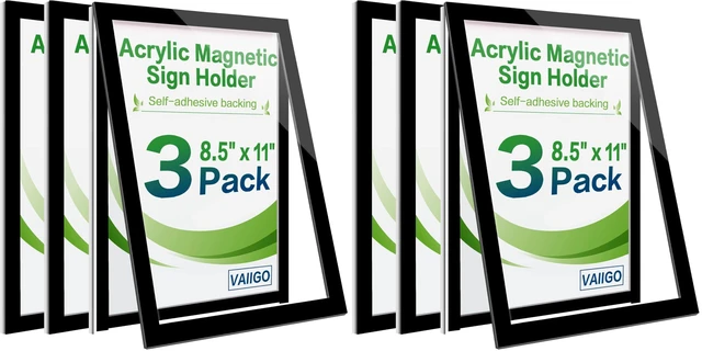 Main image of 8.5" x 11" Acrylic Sign Holder Wall Mount, Self Adhesive Magnetic Display Frame with Nano Tape and Strong Magnetic Frames for Wall, Door, Glass, Home, Store, Office (Black, 3Pack) (Pack of 2)