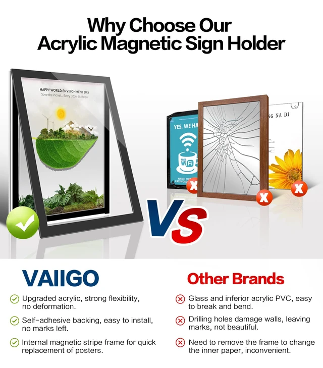 Alt view image 7 of 7 - 8.5" x 11" Acrylic Sign Holder Wall Mount, Self Adhesive Magnetic Display Frame with Nano Tape and Strong Magnetic Frames for Wall, Door, Glass, Home, Store, Office (Black, 3Pack) (Pack of 2)