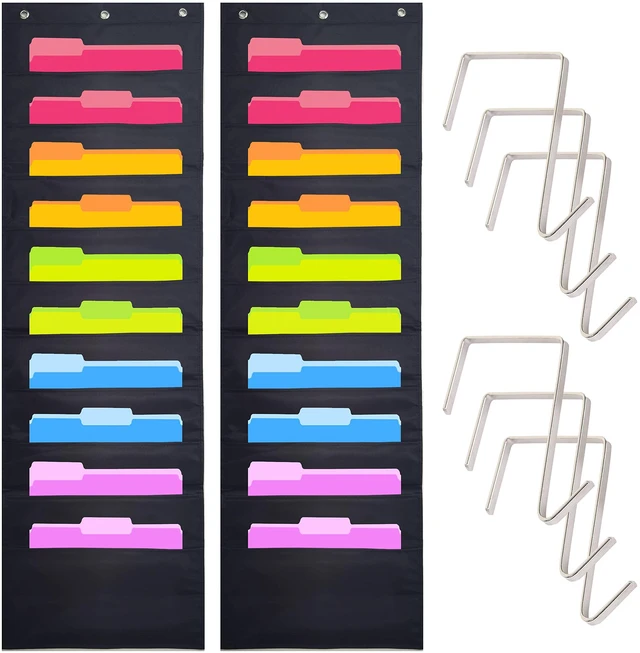 Main image of Heavy Duty Storage Pocket Chart for Classroom, 10 Pocket Storage Organizer with 6 Over-Door Hangers, Hanging Wall Organizer for File Folders, School Mailbox, Home Office Papers - Black