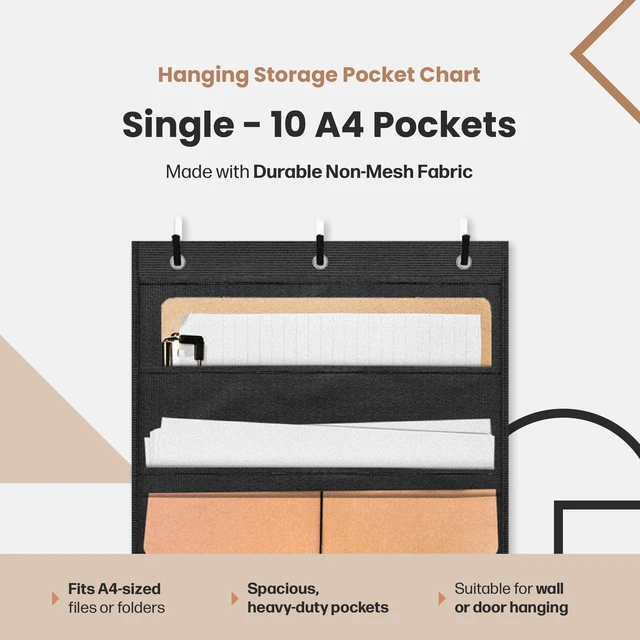 Alt view image 2 of 6 - Heavy Duty Storage Pocket Chart for Classroom, 10 Pocket Storage Organizer with 6 Over-Door Hangers, Hanging Wall Organizer for File Folders, School Mailbox, Home Office Papers - Black