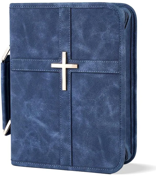 Main image of Vegan Leather Bible Cover Case, Bible Bag with Phone Pocket, Bible Case for Men Women, Christian Gift Box Packaging (Indigo)