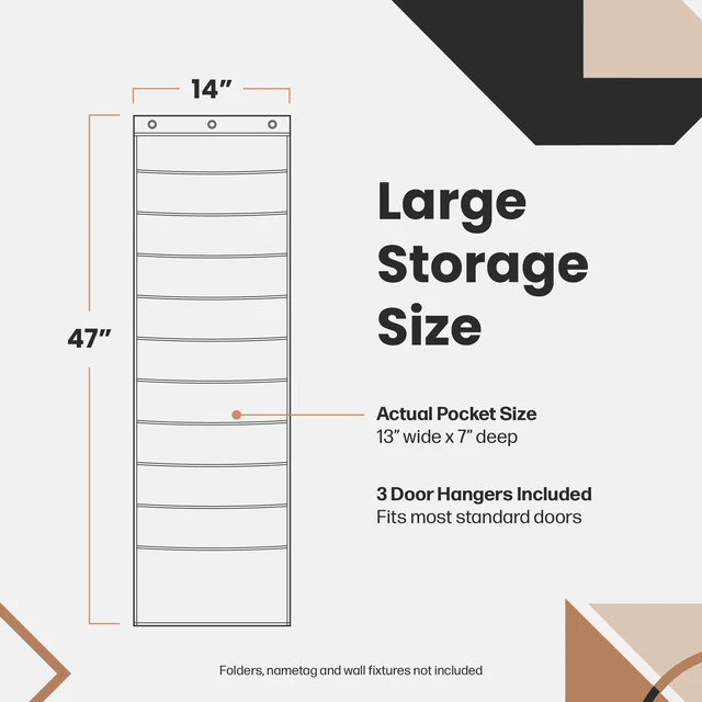 Alt view image 6 of 6 - Black Pocket Chart for Classroom - 10 Pocket Storage Rainbow Pocket Charts, 3 Over Door Hangers Included, Hanging Wall File Organizer for File Folders, School Mailbox, Home/Office Papers
