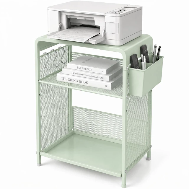 Main image of Small 3 Tier Printer Stand for Under Desk, Height Adjustable Shelf Printer Table with 3 S-Hooks & Basket, Heavy Duty Industrial Storage Shelf for Home Office (Sage Green)
