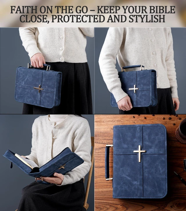 Alt view image 5 of 7 - Vegan Leather Bible Cover Case, Bible Bag with Phone Pocket, Bible Case for Men Women, Christian Gift Box Packaging (Indigo)