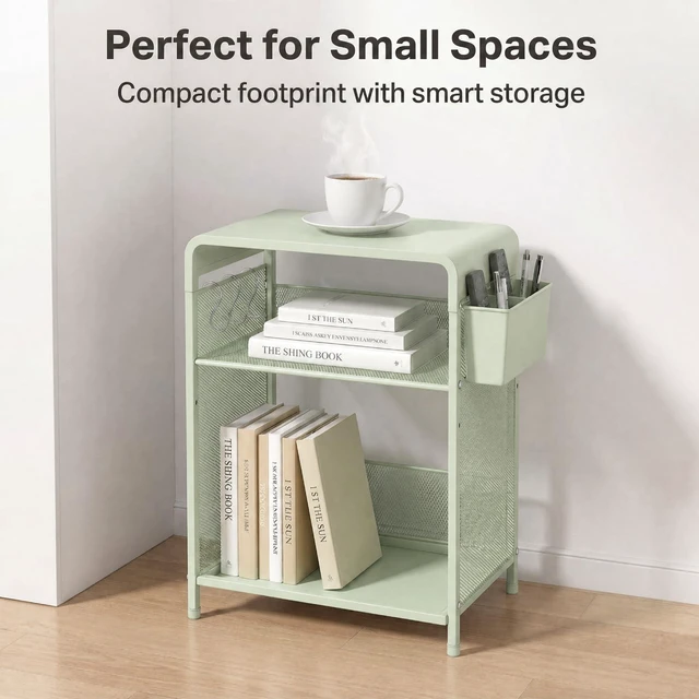 Alt view image 2 of 7 - Small 3 Tier Printer Stand for Under Desk, Height Adjustable Shelf Printer Table with 3 S-Hooks & Basket, Heavy Duty Industrial Storage Shelf for Home Office (Sage Green)