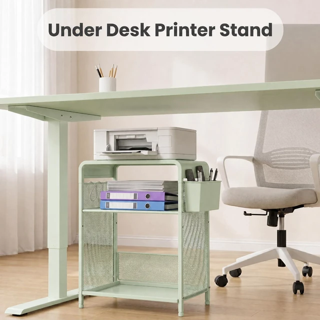 Alt view image 3 of 7 - Small 3 Tier Printer Stand for Under Desk, Height Adjustable Shelf Printer Table with 3 S-Hooks & Basket, Heavy Duty Industrial Storage Shelf for Home Office (Sage Green)