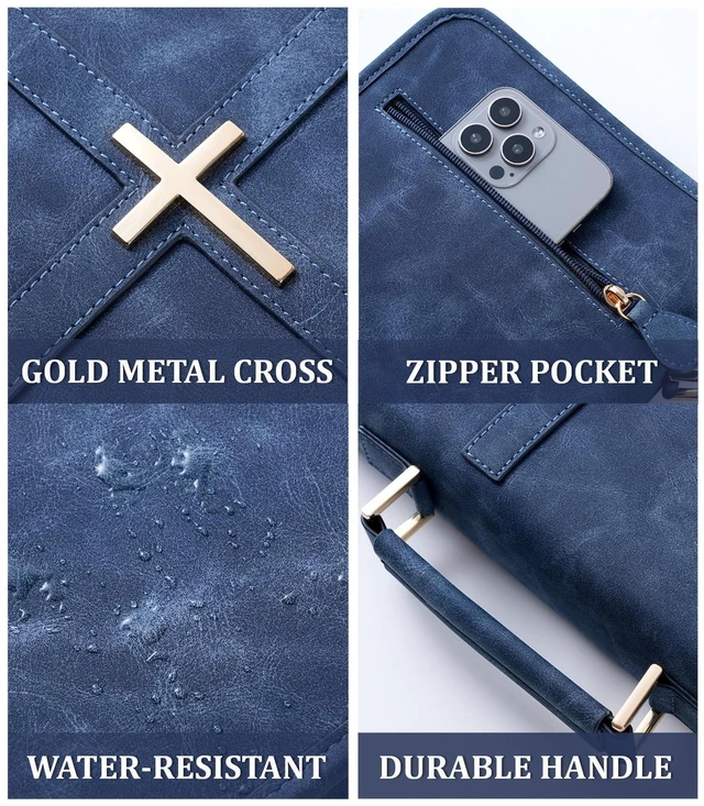 Alt view image 4 of 7 - Vegan Leather Bible Cover Case, Bible Bag with Phone Pocket, Bible Case for Men Women, Christian Gift Box Packaging (Indigo)