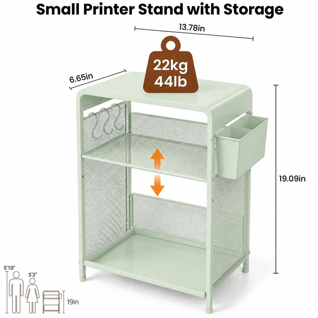 Alt view image 4 of 7 - Small 3 Tier Printer Stand for Under Desk, Height Adjustable Shelf Printer Table with 3 S-Hooks & Basket, Heavy Duty Industrial Storage Shelf for Home Office (Sage Green)
