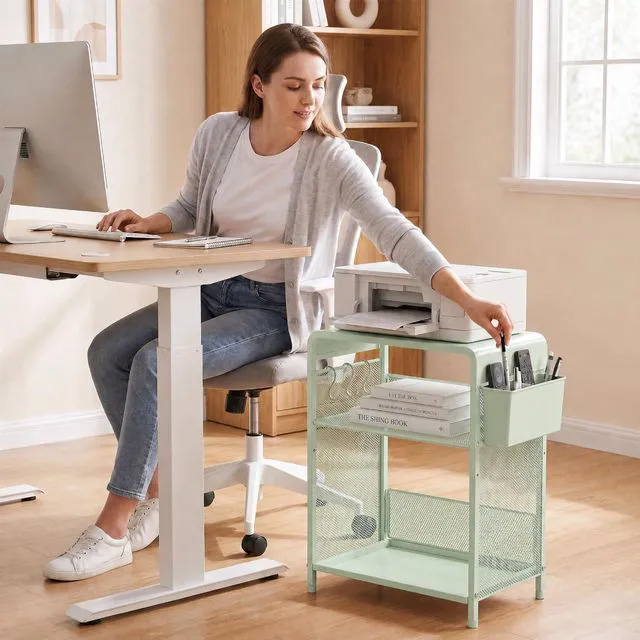 Alt view image 5 of 7 - Small 3 Tier Printer Stand for Under Desk, Height Adjustable Shelf Printer Table with 3 S-Hooks & Basket, Heavy Duty Industrial Storage Shelf for Home Office (Sage Green)