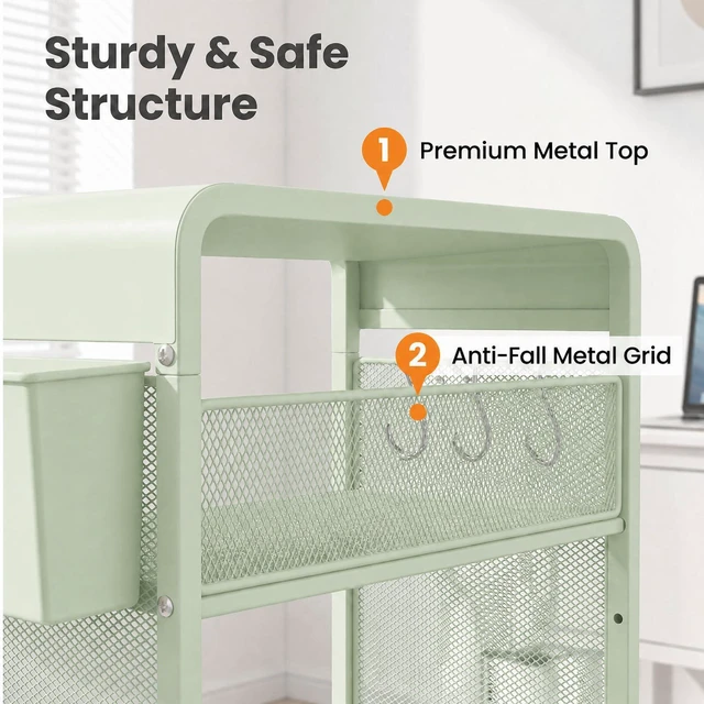 Alt view image 6 of 7 - Small 3 Tier Printer Stand for Under Desk, Height Adjustable Shelf Printer Table with 3 S-Hooks & Basket, Heavy Duty Industrial Storage Shelf for Home Office (Sage Green)
