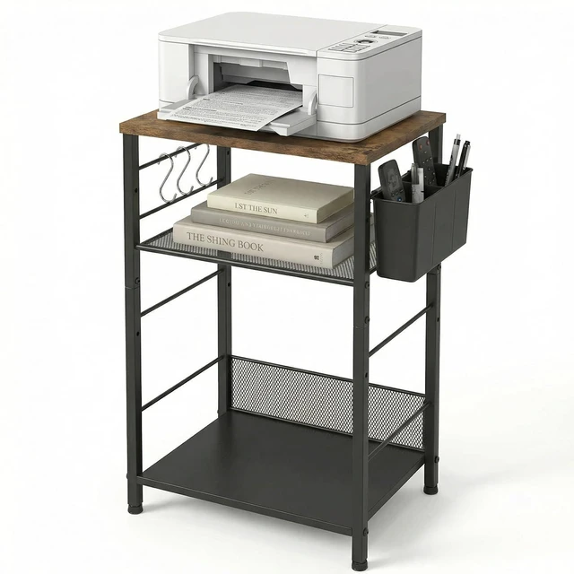Main image of Small 3 Tier Printer Stand for Under Desk, Height Adjustable Shelf Printer Table with 3 S-Hooks & Basket, Heavy Duty Industrial Storage Shelf for Home Office (Rustic Brown)
