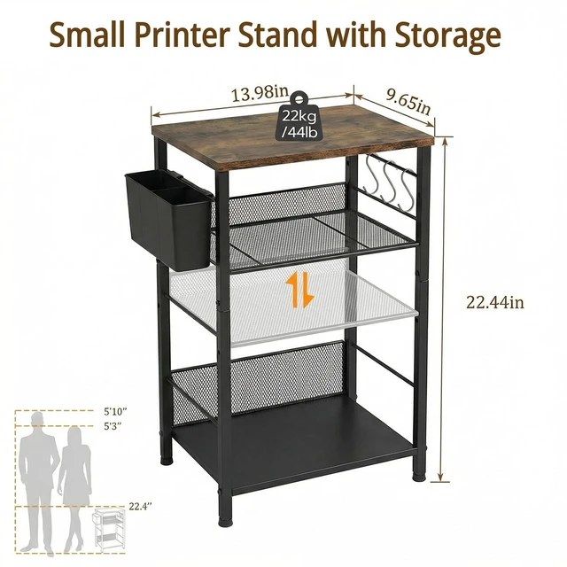 Alt view image 2 of 7 - Small 3 Tier Printer Stand for Under Desk, Height Adjustable Shelf Printer Table with 3 S-Hooks & Basket, Heavy Duty Industrial Storage Shelf for Home Office (Rustic Brown)