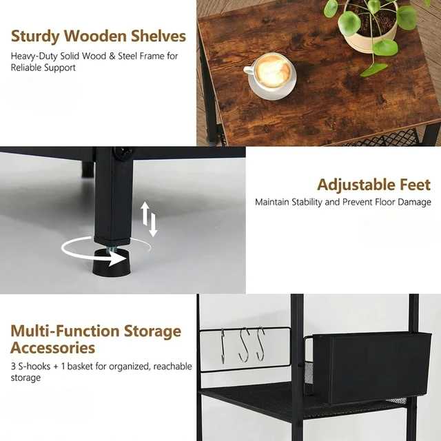 Alt view image 3 of 7 - Small 3 Tier Printer Stand for Under Desk, Height Adjustable Shelf Printer Table with 3 S-Hooks & Basket, Heavy Duty Industrial Storage Shelf for Home Office (Rustic Brown)