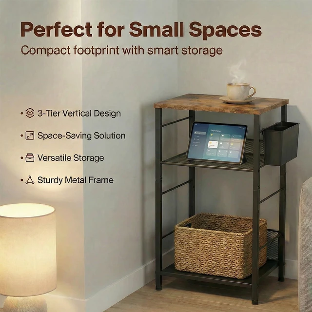 Alt view image 4 of 7 - Small 3 Tier Printer Stand for Under Desk, Height Adjustable Shelf Printer Table with 3 S-Hooks & Basket, Heavy Duty Industrial Storage Shelf for Home Office (Rustic Brown)