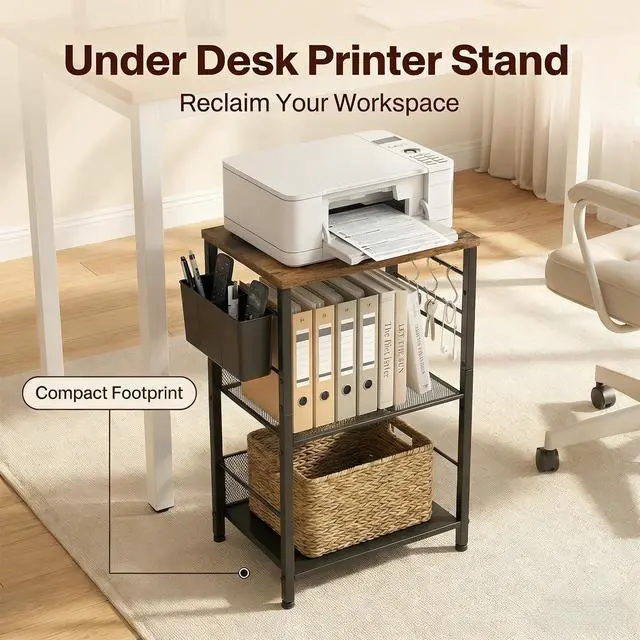 Alt view image 5 of 7 - Small 3 Tier Printer Stand for Under Desk, Height Adjustable Shelf Printer Table with 3 S-Hooks & Basket, Heavy Duty Industrial Storage Shelf for Home Office (Rustic Brown)