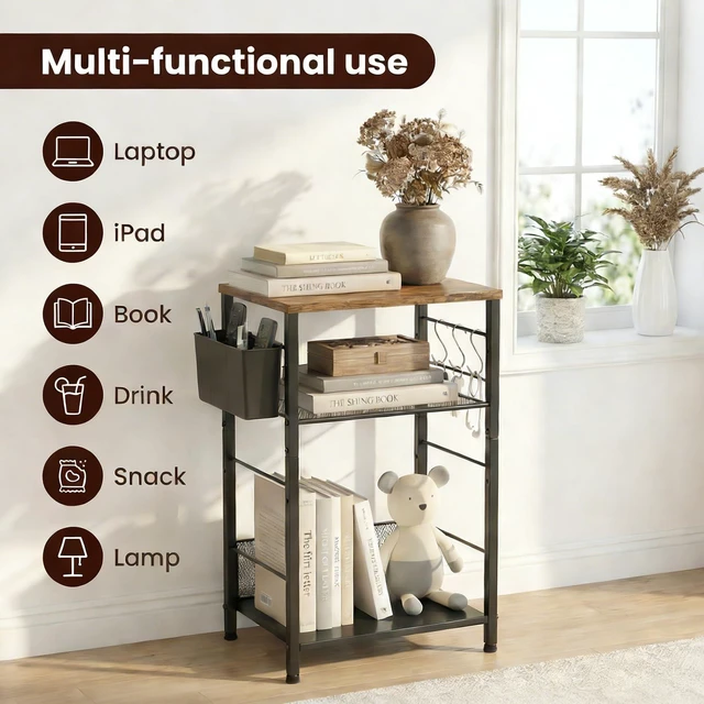 Alt view image 7 of 7 - Small 3 Tier Printer Stand for Under Desk, Height Adjustable Shelf Printer Table with 3 S-Hooks & Basket, Heavy Duty Industrial Storage Shelf for Home Office (Rustic Brown)