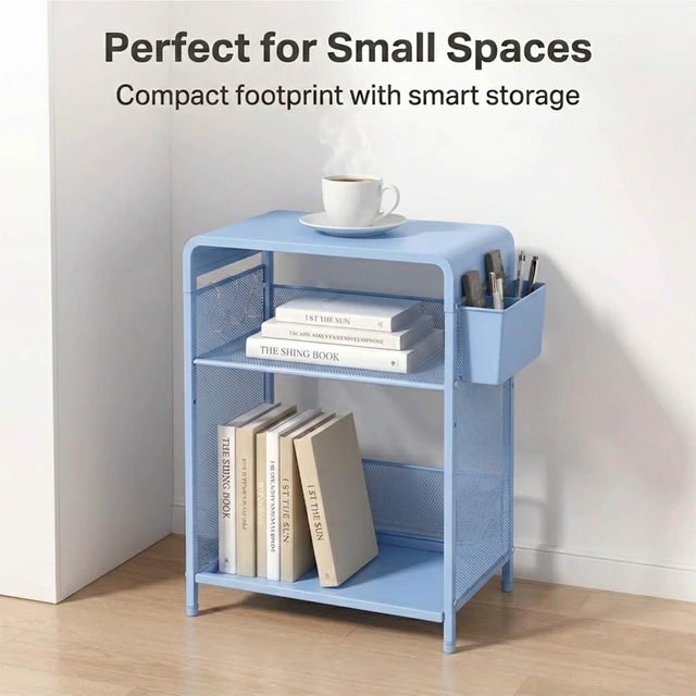Alt view image 2 of 7 - Small 3 Tier Printer Stand for Under Desk, Height Adjustable Shelf Printer Table with 3 S-Hooks & Basket, Heavy Duty Industrial Storage Shelf for Home Office (Blue)