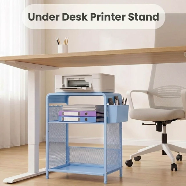 Alt view image 4 of 7 - Small 3 Tier Printer Stand for Under Desk, Height Adjustable Shelf Printer Table with 3 S-Hooks & Basket, Heavy Duty Industrial Storage Shelf for Home Office (Blue)