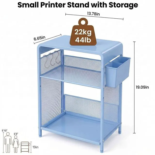 Alt view image 3 of 7 - Small 3 Tier Printer Stand for Under Desk, Height Adjustable Shelf Printer Table with 3 S-Hooks & Basket, Heavy Duty Industrial Storage Shelf for Home Office (Blue)