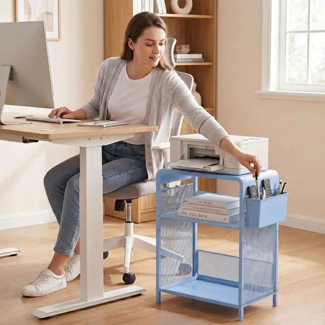 Alt view image 5 of 7 - Small 3 Tier Printer Stand for Under Desk, Height Adjustable Shelf Printer Table with 3 S-Hooks & Basket, Heavy Duty Industrial Storage Shelf for Home Office (Blue)
