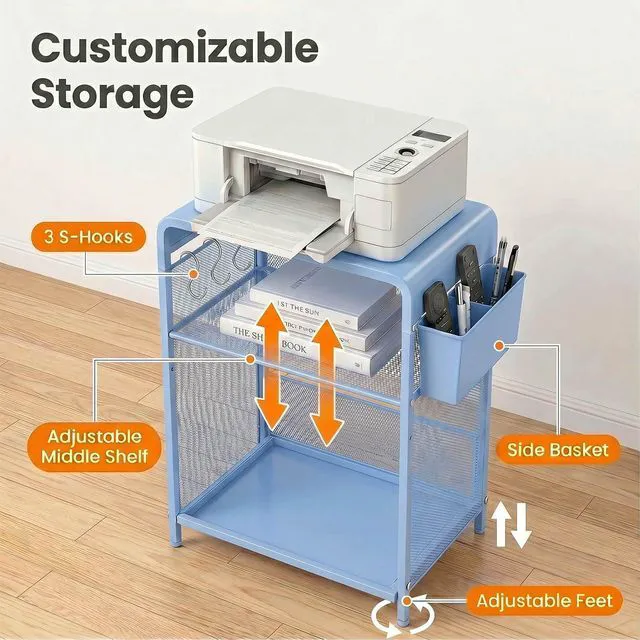 Alt view image 6 of 7 - Small 3 Tier Printer Stand for Under Desk, Height Adjustable Shelf Printer Table with 3 S-Hooks & Basket, Heavy Duty Industrial Storage Shelf for Home Office (Blue)