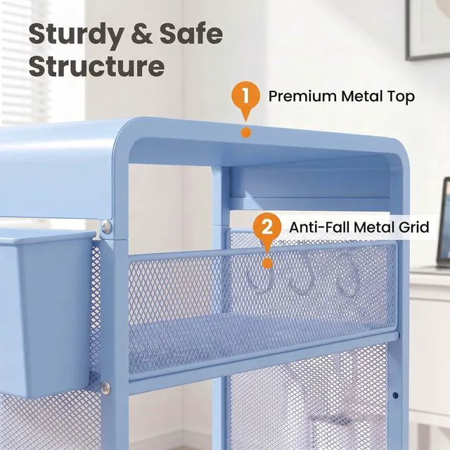 Alt view image 7 of 7 - Small 3 Tier Printer Stand for Under Desk, Height Adjustable Shelf Printer Table with 3 S-Hooks & Basket, Heavy Duty Industrial Storage Shelf for Home Office (Blue)