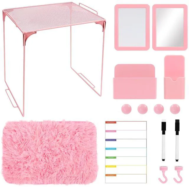 Main image of 15 PCS Pink School Locker Organizer Kit with Shelf and Accessories Locker Accessories Include Shelf, Rug, Magnetic Mirror, Whiteboard with Marker and Nails for Girls' Back to School