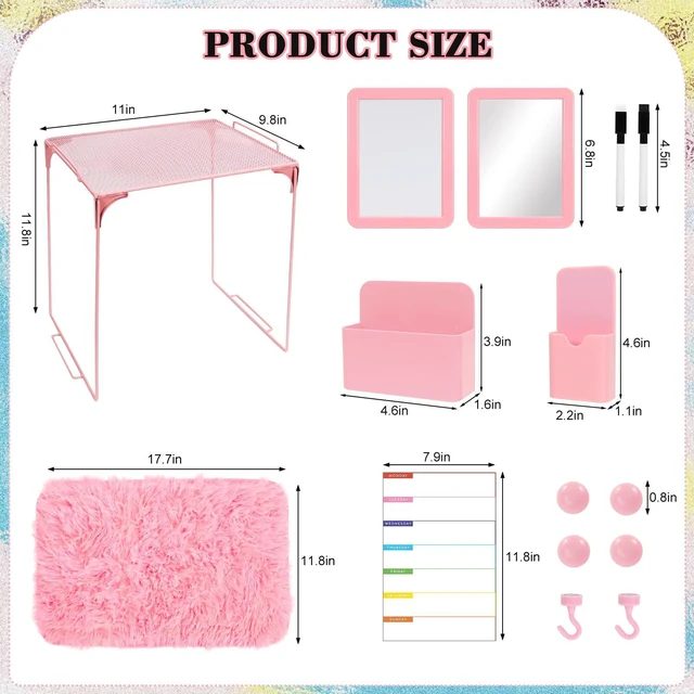 Alt view image 2 of 7 - 15 PCS Pink School Locker Organizer Kit with Shelf and Accessories Locker Accessories Include Shelf, Rug, Magnetic Mirror, Whiteboard with Marker and Nails for Girls' Back to School