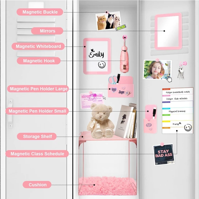 Alt view image 3 of 7 - 15 PCS Pink School Locker Organizer Kit with Shelf and Accessories Locker Accessories Include Shelf, Rug, Magnetic Mirror, Whiteboard with Marker and Nails for Girls' Back to School