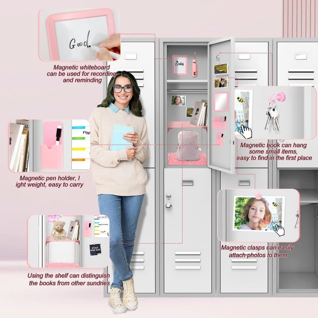 Alt view image 5 of 7 - 15 PCS Pink School Locker Organizer Kit with Shelf and Accessories Locker Accessories Include Shelf, Rug, Magnetic Mirror, Whiteboard with Marker and Nails for Girls' Back to School