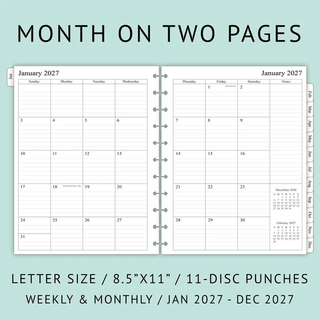 Alt view image 2 of 7 - 2027 Weekly Planner Refills for 11-Discbound Notebooks, Monthly Tabs, 11-Disc Punches, Letter Size, 8-1/2" x 11"