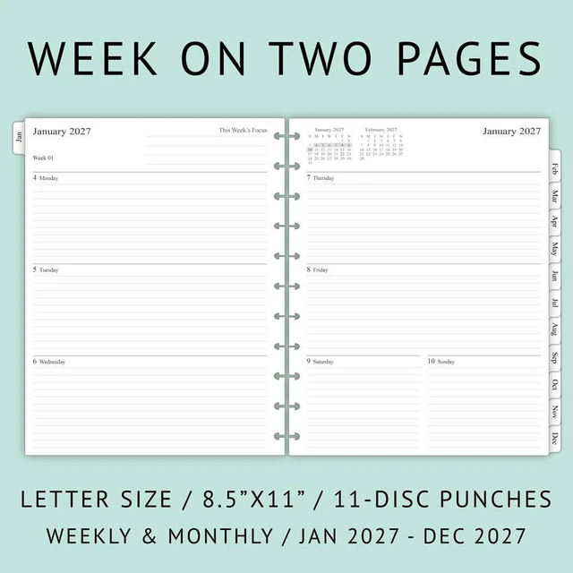 Alt view image 3 of 7 - 2027 Weekly Planner Refills for 11-Discbound Notebooks, Monthly Tabs, 11-Disc Punches, Letter Size, 8-1/2" x 11"