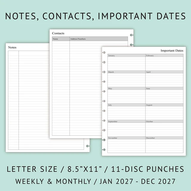Alt view image 5 of 7 - 2027 Weekly Planner Refills for 11-Discbound Notebooks, Monthly Tabs, 11-Disc Punches, Letter Size, 8-1/2" x 11"