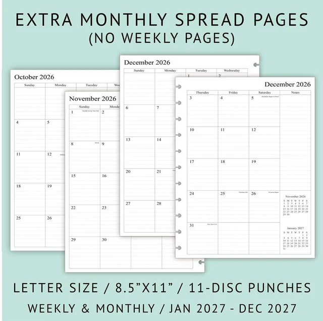 Alt view image 6 of 7 - 2027 Weekly Planner Refills for 11-Discbound Notebooks, Monthly Tabs, 11-Disc Punches, Letter Size, 8-1/2" x 11"