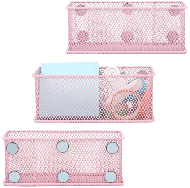 Main image of Magnetic Pencil Holder Set of 3 - Wire Mesh Storage Baskets Organizer with Strong Magnets - Perfect for Whiteboard, Refrigerator and Locker Accessories, Pink
