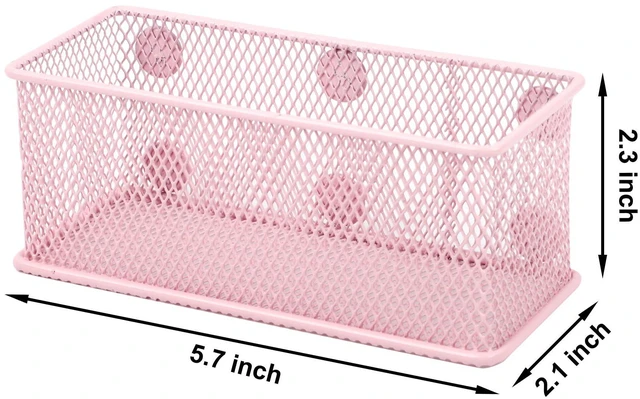 Alt view image 2 of 6 - Magnetic Pencil Holder Set of 3 - Wire Mesh Storage Baskets Organizer with Strong Magnets - Perfect for Whiteboard, Refrigerator and Locker Accessories, Pink