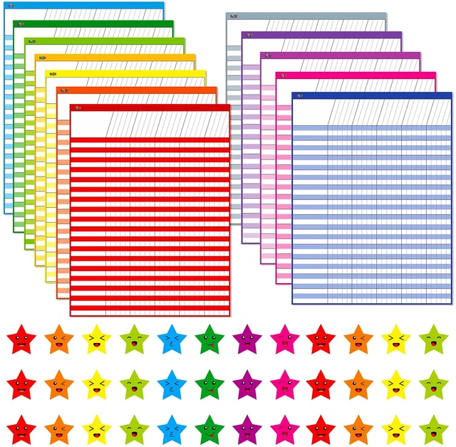 Main image of 12 Pack Multi-Color Dry Erase Incentive Chart/Chore/Responsibility/School Attendance/Homework Progress Tracking Chart with 2112 Reward Star Stickers, (17" x 22.5")