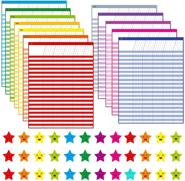 Alt view image 4 of 5 - 12 Pack Multi-Color Dry Erase Incentive Chart/Chore/Responsibility/School Attendance/Homework Progress Tracking Chart with 2112 Reward Star Stickers, (17" x 22.5")