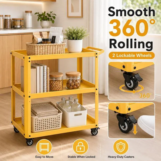 Alt view image 2 of 7 - 3 Tier Metal Utility Rolling Cart with Wheels, Yellow Heavy Duty Storage Organizer, 330Lbs Capacity, Multi-Purpose, For Kitchen, Bathroom, Office, Bedroom