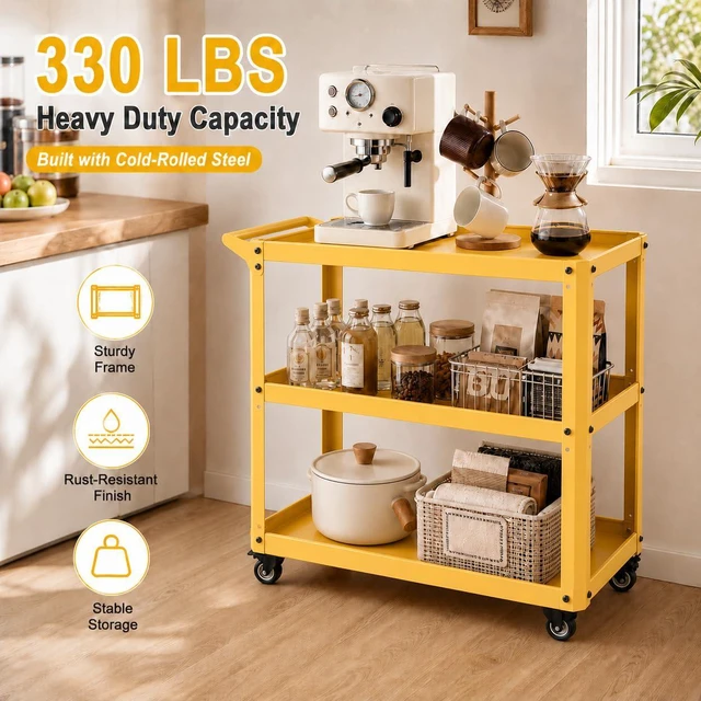 Alt view image 3 of 7 - 3 Tier Metal Utility Rolling Cart with Wheels, Yellow Heavy Duty Storage Organizer, 330Lbs Capacity, Multi-Purpose, For Kitchen, Bathroom, Office, Bedroom