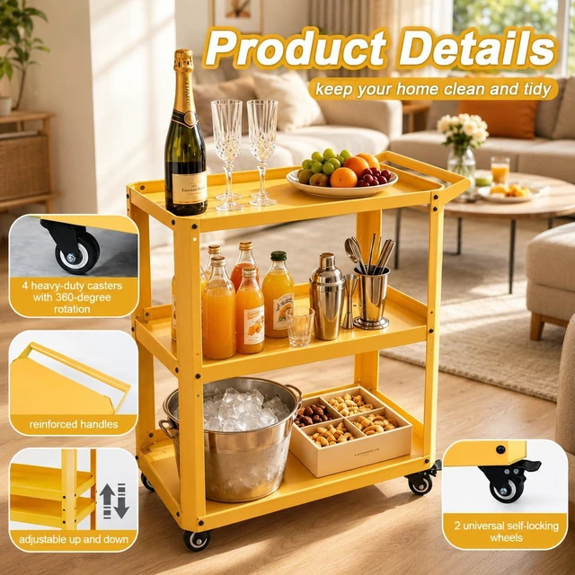 Alt view image 4 of 7 - 3 Tier Metal Utility Rolling Cart with Wheels, Yellow Heavy Duty Storage Organizer, 330Lbs Capacity, Multi-Purpose, For Kitchen, Bathroom, Office, Bedroom