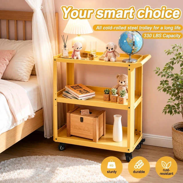 Alt view image 5 of 7 - 3 Tier Metal Utility Rolling Cart with Wheels, Yellow Heavy Duty Storage Organizer, 330Lbs Capacity, Multi-Purpose, For Kitchen, Bathroom, Office, Bedroom
