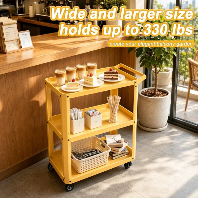 Alt view image 6 of 7 - 3 Tier Metal Utility Rolling Cart with Wheels, Yellow Heavy Duty Storage Organizer, 330Lbs Capacity, Multi-Purpose, For Kitchen, Bathroom, Office, Bedroom